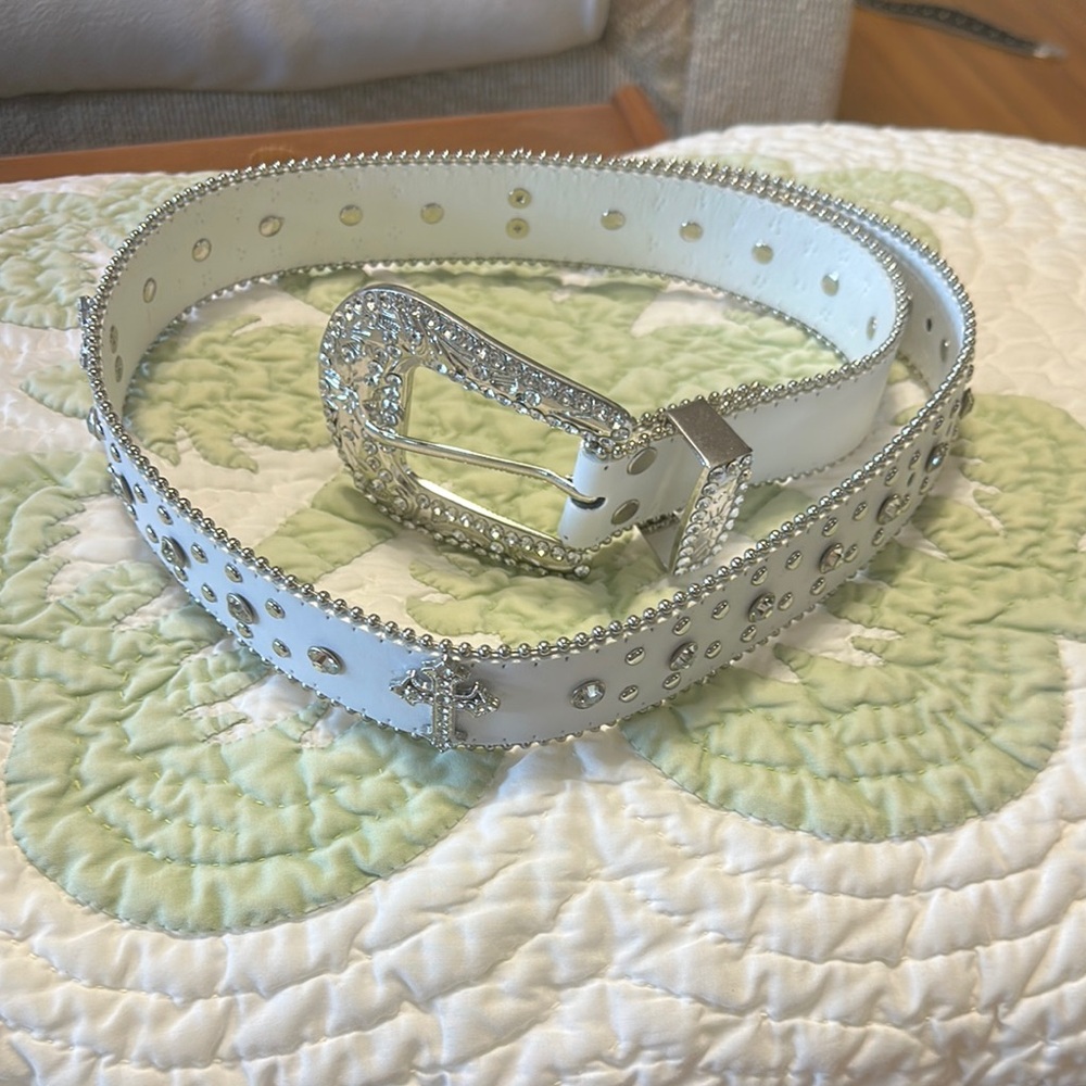 White Rhinestone Studded Belt